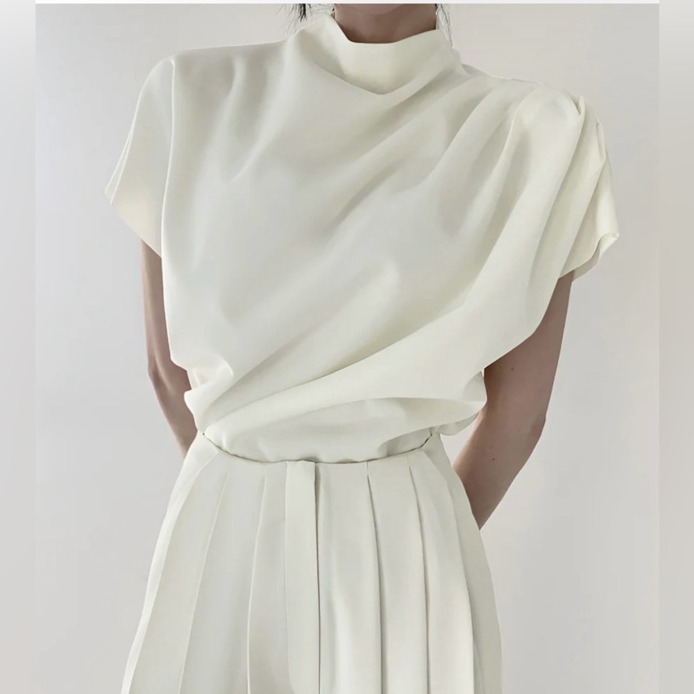 Commense Sculptural High Neck Blouse Ivory Cream Draped Top Medium Minimalist